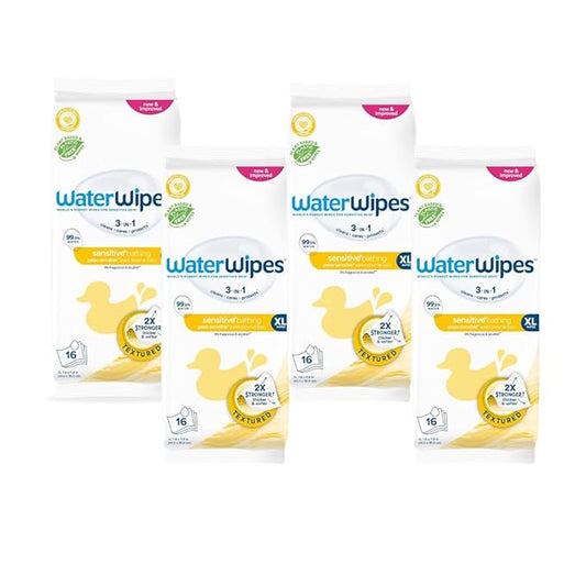 WaterWipes Sensitive+ Bathing Wipes, 3-In-1 Cleans, Cares, Protects, 99.9% Water, Unscented & Hypoallergenic, 16 Count (Pack of 4)