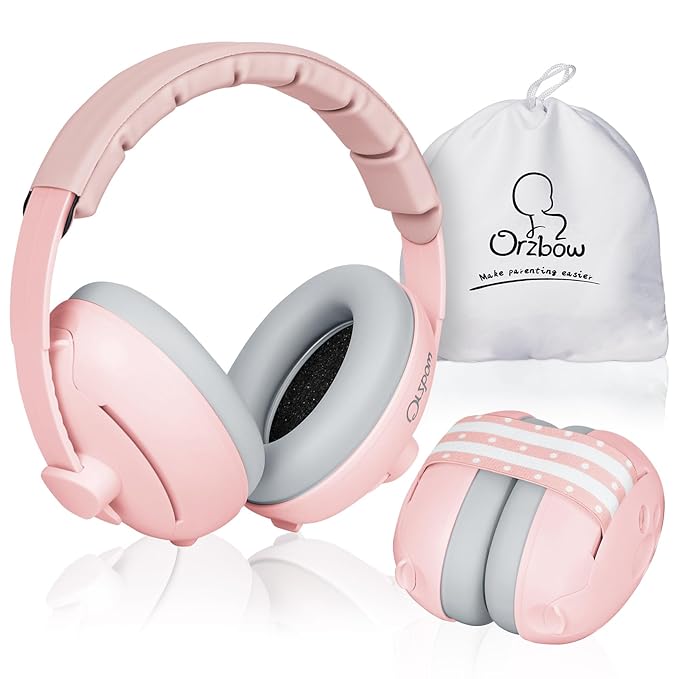 Orzbow 2-in-1 Baby Ear Muffs Noise Protection, Noise Cancelling Headphones for Babies up to 48 Months, Adjustable Infant Ear Protection with Non-Slip Band for Airplane Travel Sleep, Pink