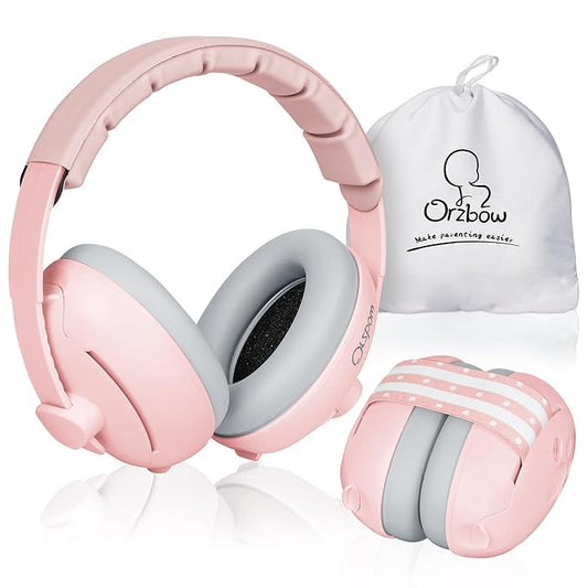 Orzbow 2-in-1 Baby Ear Muffs Noise Protection, Noise Cancelling Headphones for Babies up to 48 Months, Adjustable Infant Ear Protection with Non-Slip Band for Airplane Travel Sleep, Pink