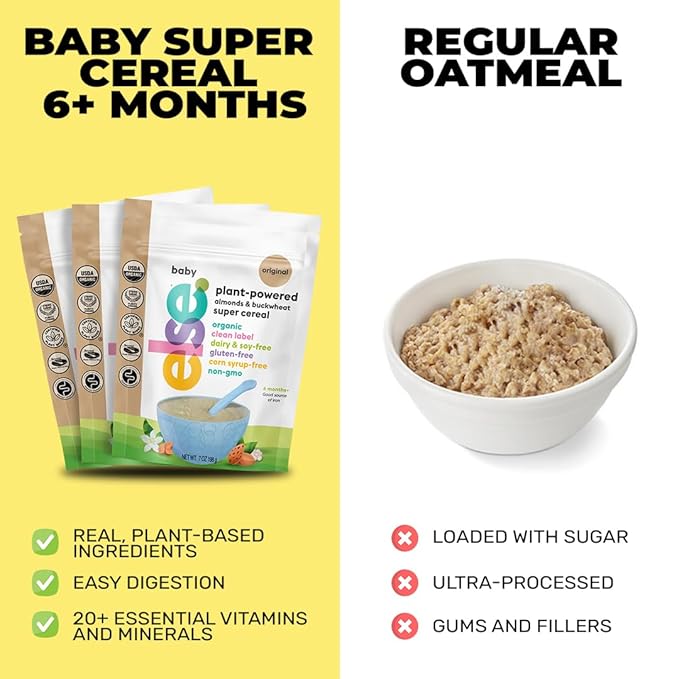 Else Nutrition Super Cereal For Babies 6 mo+, Made With Real Whole Plants for a Nutritionally Balanced meal, with gluten free carbs and plant protein (Vanilla, 6 Pack)