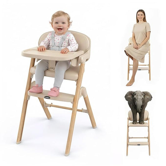Babilous High Chair, Foldable High Chairs for Babies and Toddlers Ultra Safe for Infant or Adults Up to 150 Lbs, Easy Clean, Removable Tray/Adjustable Footrest for Baby Feeding HighChair, Cream