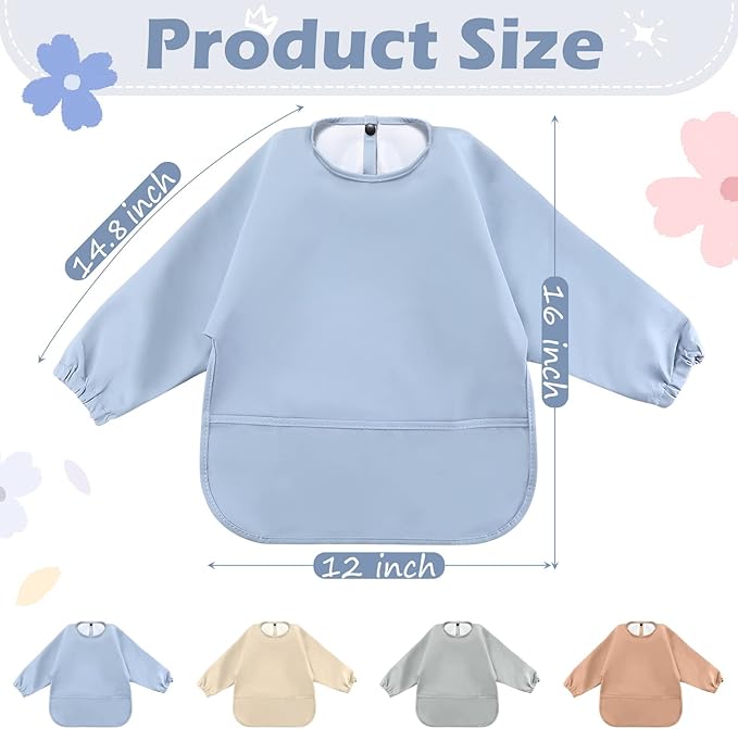 JaGely 4 Pack Long Sleeve Baby Bibs Waterproof Smock Bid with Elastic Cuffs Large Pocket for Baby Eating Feeding 6-36 Months