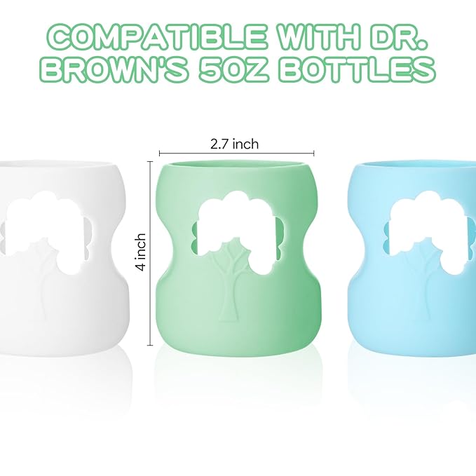 3 Pcs Colorful Silicone Sleeve for Dr.Brown Bottles, Silicone Bottles Sleeve Compatible with Dr.Brown Wide Neck Bottle, Dishwasher-Safe BPA Free, for 5 Oz (White Green Blue)