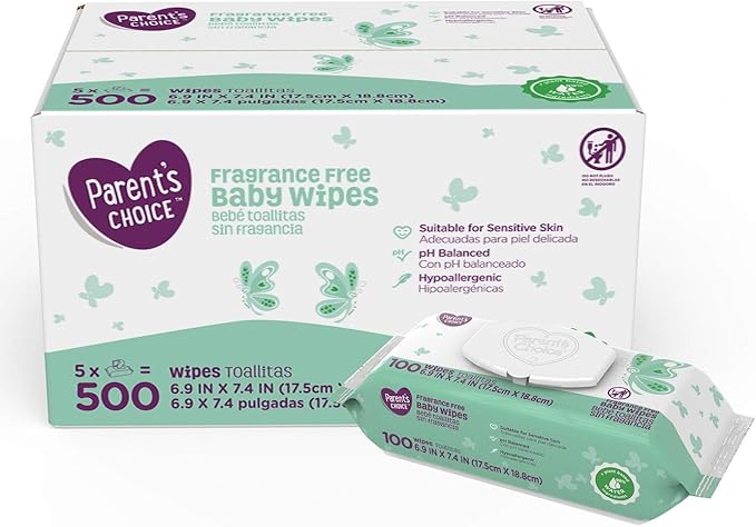 Parent's Choice Fragrance Free Baby Wipes, 500 Count (5 Packs of 100) (4 Case)