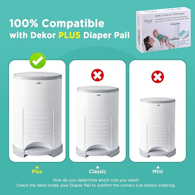 Sloyar Refills Compatible with DEKOR Plus Diaper Pails/3 Pack/30% Thicker Design/Suitable for Seniors and Infants/Baby Powder Fragrance/Holds up to 1740 Diapers