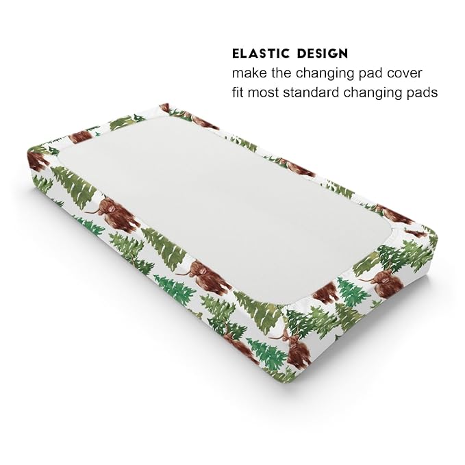 Highland Cows Forest Changing Pad Cover Cute Yak Winter Pine Trees Diaper Changing Table Cover Sheets for Boys Girls Soft Breathable Stretchy Fitted Changing Table Mats 32''x16''