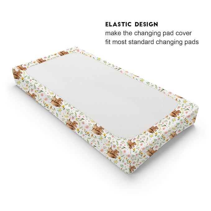 Highland Cows Boho Floral Changing Pad Covers Highland Yak Retro Flowers Change Table Pad Cover for Boys Girls Farm Animal Soft Stretchy Snug Fitted Diaper Changing Mat Sheets Cover 32''x16''