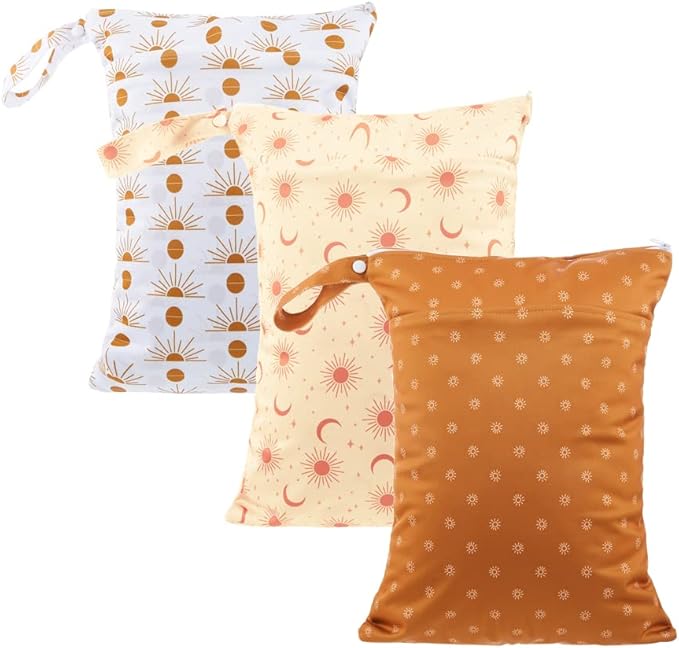 MOMIGO 3 pcs/set Wet Dry Bags for Baby Cloth Diapers - Reusable Washable for Stroller, Diapers, Travel Bags, Gym Bag 11.8 * 15.7 inch (Sun)