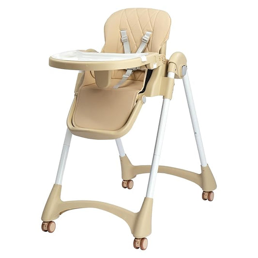 JOYMOR 4 in 1 Folding Baby High Chair for Babies to Toddlers, Infant Eating Foldable Highchair w/Leather Seat Cushion, 4-Position Removeable & Adjustable Tray, 5-Point Harness (Beige)