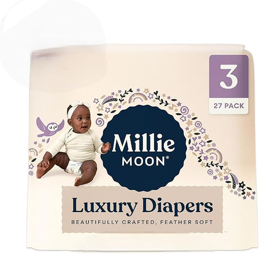 Millie Moon Luxury Disposable Baby Diapers Size 3 I 27 Count I, Ultra Soft CloudTouch Comfort, 12-Hour Leak Protection, Hypoallergenic, Gentle Fit for Sensitive Skin