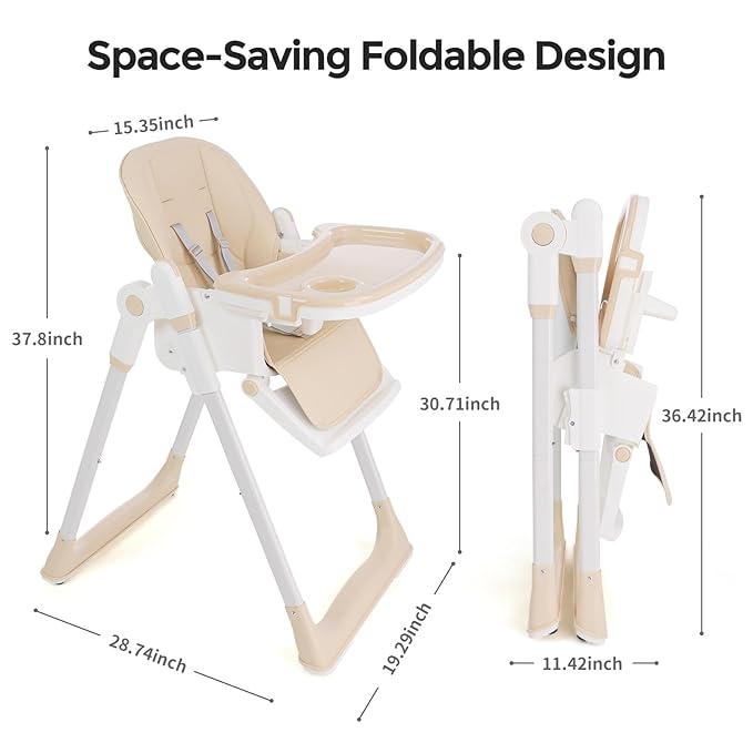 Cochildor 3-in-1 Foldable High Chair for Babies & Toddlers – Adjustable Height, Reclining Seat, 5-Point Safety Harness, Removable Tray, Lockable Wheels and Washable Cushion, Beige