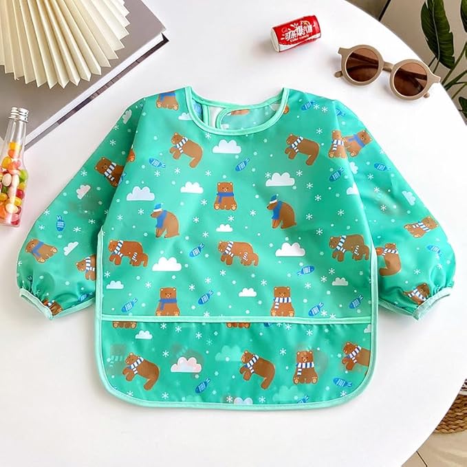 PandaEar 3 Pack Waterproof Long Sleeve Baby Bibs for Eating & Messy Play, Toddler Smock with Food Catcher Pocket, Lightweight Reusable Feeding Apron for Infant 6-36 Months (Bears, Penguins, Dinosaurs)