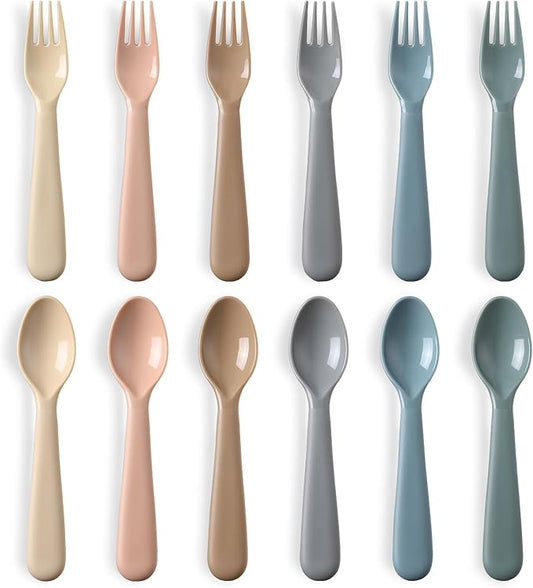 12 Pieces Toddler Utensils Set, Plastic Spoons and Forks Set for Kids, Children Safe Flatware, Plastic Reusable Cutlery, BPA Free, Dishwasher Safe