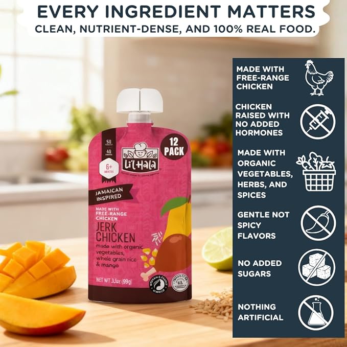Li'l Hala Chicken Baby Food Meat Pouch | Caribbean Chicken (12ct) | 6+ Months Savory Baby Food Pouches with Protein and Organic Veggies, Toddler Snacks with Iron & Fiber | Stage 2 Meat Puree