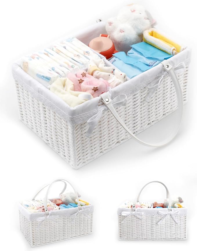 Large Baby Diaper Caddy Basket - Portable Wicker Paper Rope Storage Baskets Woven Car Organizer for Diapers With Divider White