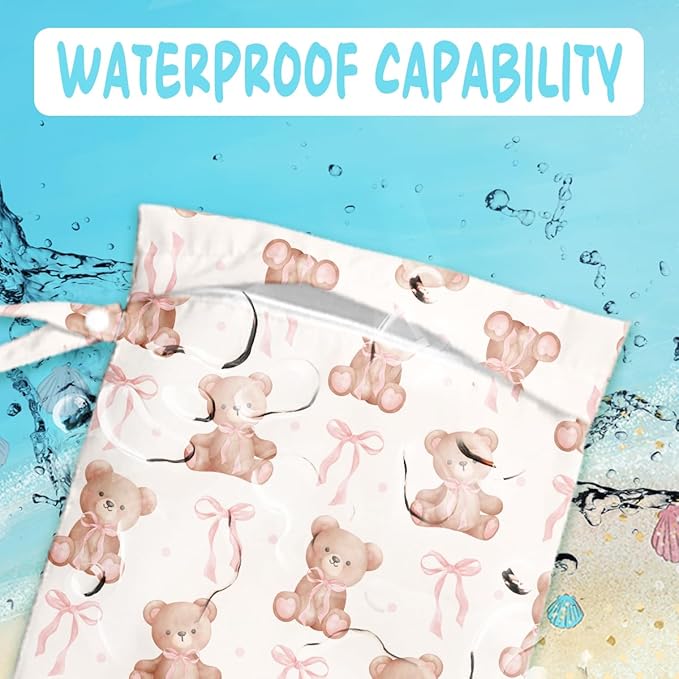 Wet Bag for Baby Swimsuit Kids Wet Dry Bag for Breast Pump Parts Diaper Bag Toiletries Daycare Organizer Beach Vacation Essentials Bear Pink Bow Travel Laundry Bags