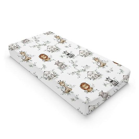 Baby Safari Animals Green Leaves Changing Pad Covers Lion Elephant Giraffe Zebra Hippo Boho Leaf Diaper Change Table Pad Covers for Girl Boy Soft Breathable Stretch Changing Mat Sheets 32''x16''