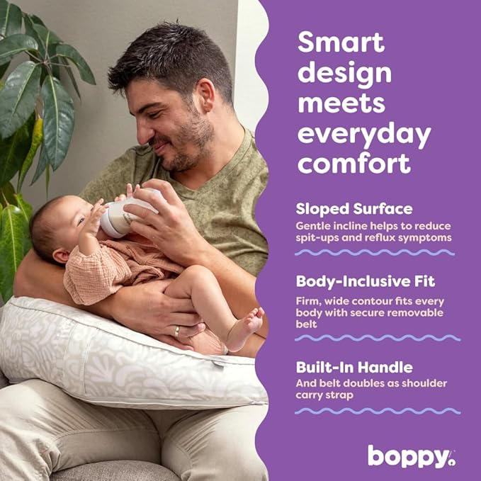Boppy Uplift Nursing Pillow - Wedge Bottle & Breastfeeding Pillow to Reduce Spit-Up and Reflux Symptoms, with Body-Inclusive Opening and Belt, Baby Safety Alliance Verified - Cream Retro Squiggles
