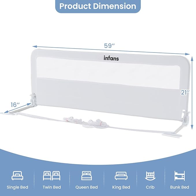 INFANS Bed Rail for Toddlers, 59" Foldable Safety Baby Crib Rail Fit for Kids Twin, Extra Long Swing Down Bed Guardrail for Convertible Crib, Queen, Full, King Mattress Side Guard (White)