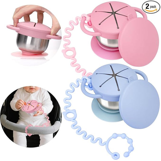 Palksky Toddler Snack Cups Stainless Steel for Kids, 2 Pack 5-in-1 Snackle Containers with Spill-Proof Silicone Lids,Handles,Suction Base,Anti-Loss Tether, Baby Snack Box No-Spill for On-the-Go,Travel