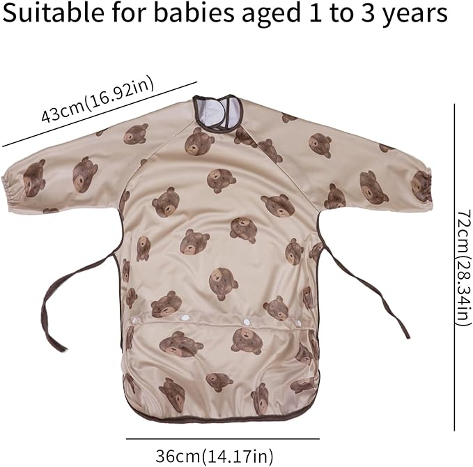 2-Pack Long Sleeve Baby Bib,Coverall Baby Bibs for Eating,Waterproof,Attaches to Highchair&Table,Ages 1 to 3 Years