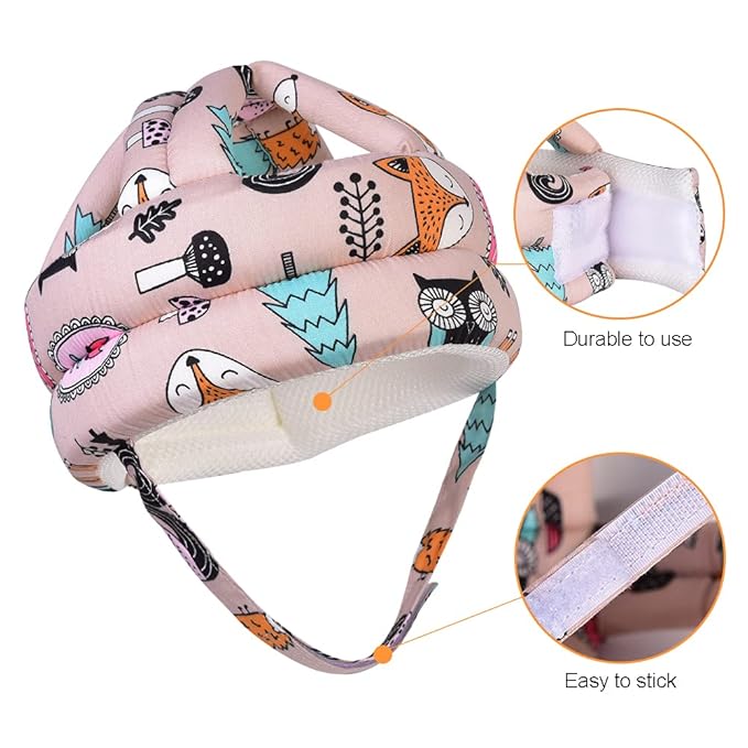 Adjustable Baby Helmet, Lightweight & Soft, with Knee Pads & Socks for Crawling & Walking. Forest, Pink