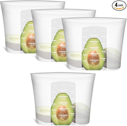 Large Reusable Food Bags 4 Pack, 1.5 Quart(50.7fl.oz) 100% Silicone Storage Bags Stand Up Zip Silicone Food Container, Freezer Microwave Oven Dishwasher Safe, Translucent