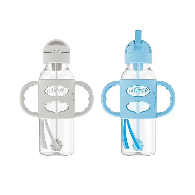 Dr. Brown's Milestones 8 oz Gray & Blue and Gray & Green Sippy Straw Bottles with Weighted Straw, Spill-Proof Lid, Silicone Handles