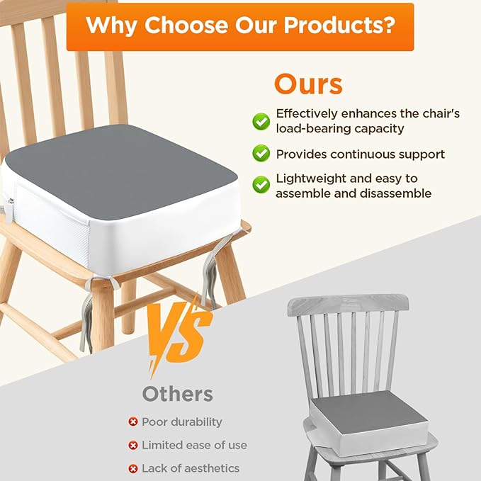 Booster Seat for Kitchen Chair, 3.8" Toddler Booster Seats for Dining Table with Ties, PU Dining Booster Seat with Side Pockets, Non-Slip & Removable Booster Seat for Table Increasing Cushion (Grey)