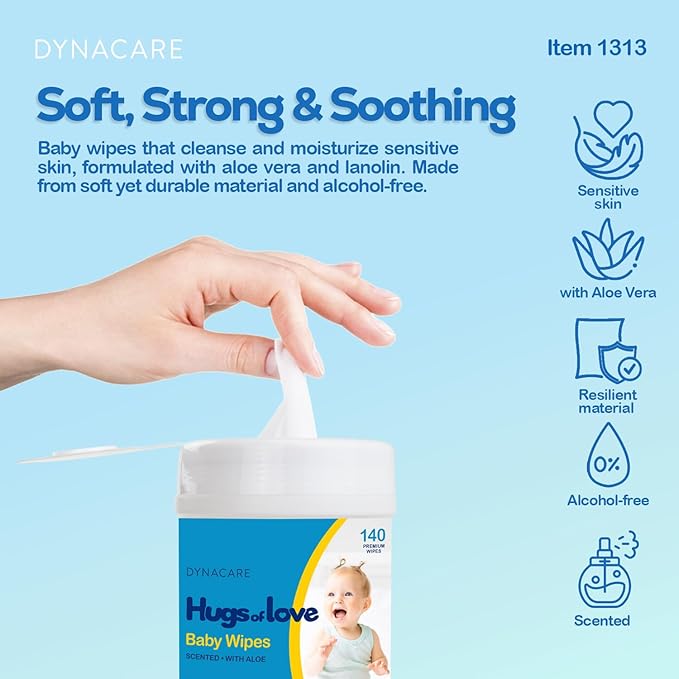 Dynarex Nice'n Fresh Baby Wipes - Premium Non-Alcohol Wipes for Babies with Lanolin & Aloe to Moisturize Skin - Scented - 6x6.75", 140 Wet Wipes per Canister, 12 per Case