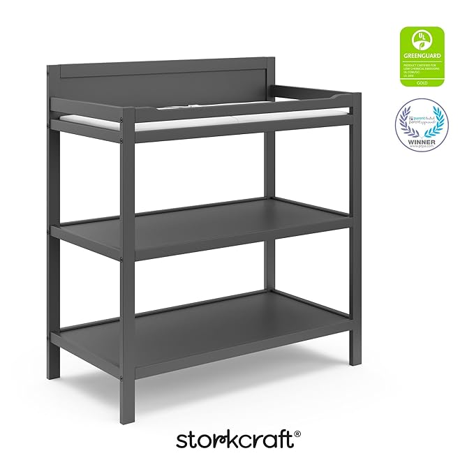 Storkcraft Alpine Changing Table (Gray) – GREENGUARD Gold Certified Nursery Changing Table, Includes Water-Resistant Changing Pad, 2 Shelves for Nursery Storage and Organizing