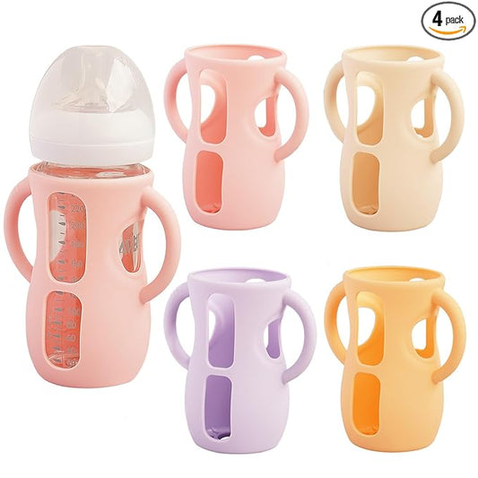 4 Pack Silicone Sleeves for Avent Natural Glass Baby Bottles, Anti Breakage Bottle Holder, Compatible with Philips Avent Glass Natural Baby Bottles (Apricot+Pink+Purple+Orange, 8 OZ)