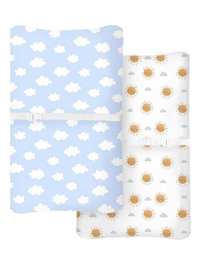Changing Pad Cover for Baby Boys Girls 2 Pack, Fits Standard 32”×16” Changing Table Pads, Silky Breathable Stretch Knit, Machine Washable (Sunny Morning)