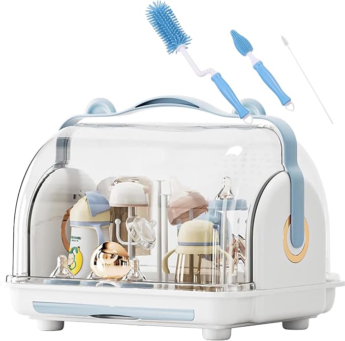 Baby Bottle Drying Rack Storage with 3 Brush, Nursing Bottle Storage Box Organizer with Cover, Portable Kitchen Cabinet Organizer, Durable countertop Dryer (Blue)