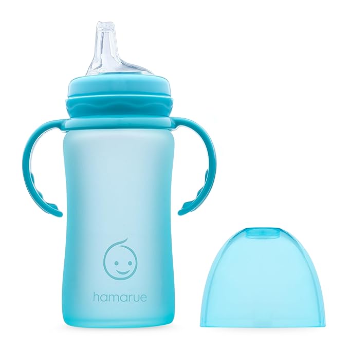 3-in-1 Glass Sippy Cups for Toddlers | Silicone Coated Glass Baby Bottles | Non-Toxic Transition Cup for Baby with Removeable Handles | Baby Straw Cup NB+,3M,6M,12M (Teal, 8 oz)
