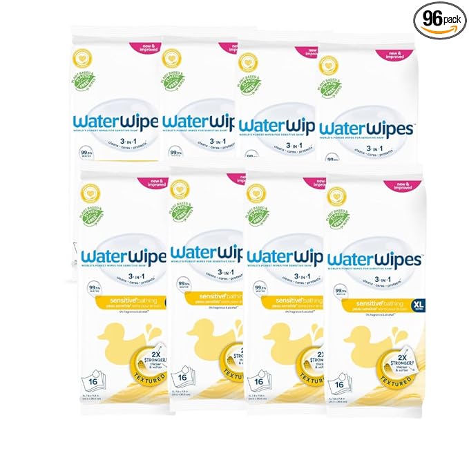 WaterWipes Sensitive+ Bathing Wipes, 3-In-1 Cleans, Cares, Protects, 99.9% Water, Unscented & Hypoallergenic, 16 Count (Pack of 6)