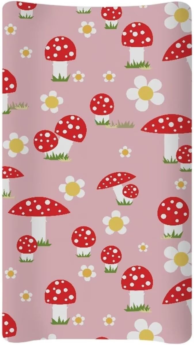 Mushroom Changing Pad Cover Waterproof Stretchy Baby Changing Table Cover Comfy Cozy Universal Tray Table Mat Fit 32"x16" Contoured Pad