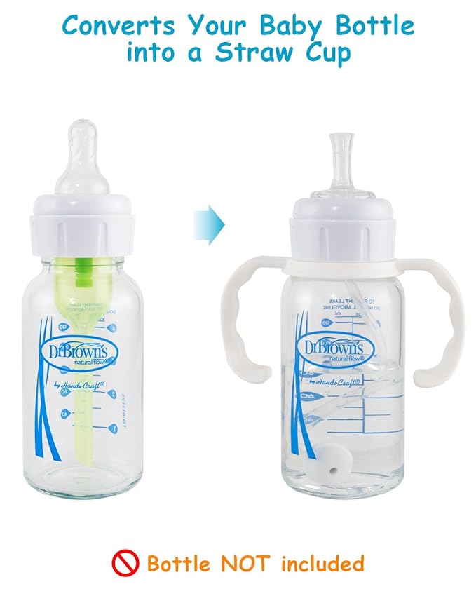 Straw Cup Conversion Kit for Dr Browns Narrow and Narrow Glass Baby Bottles, Spill-Proof Transition Kit with Silicone Straw Nipple, Weighted Straw, Handle, 4 Pack, 8m+