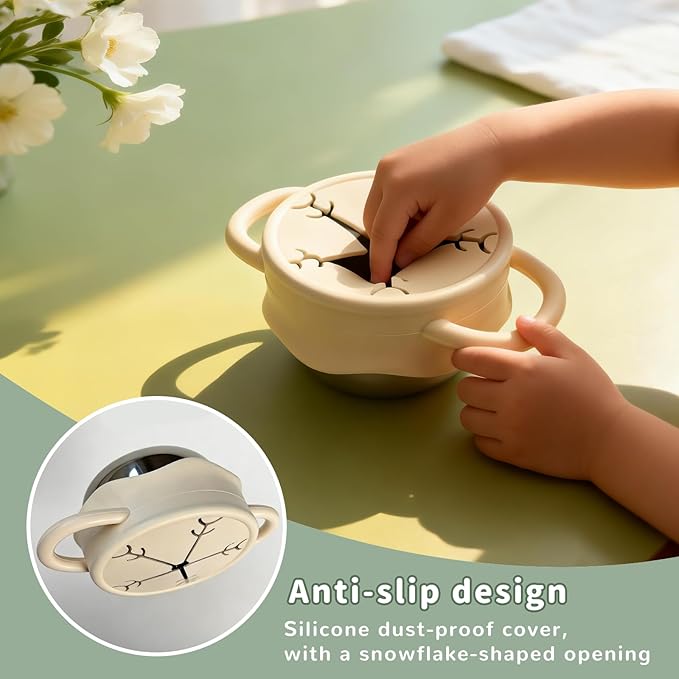 Snack Containers,2 Pcs 13.5oz Stainless Steel Snack Cups for Toddlers and Babies, Removable Silicone Food Catcher and Travel Lid,No-Spill Toddler Snack Box,Dishwasher Safe
