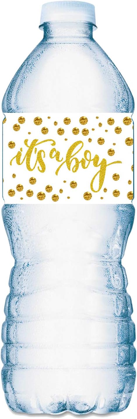 25 Gold It’s a Boy Oh Baby Water Bottle Labels; Baby Shower Set of 25 Waterproof Water Bottle Stickers Wrappers Decorations; Gold and White. Made in USA