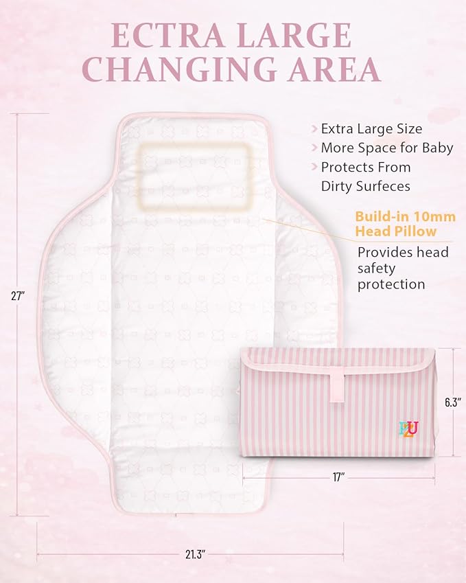 PZU Portable Diaper Changing Pad - Waterproof Travel Changing Mat with Built-in Pillow, Gifts for Baby Shower, Newborn Girls & Boys（Pink Stripes）