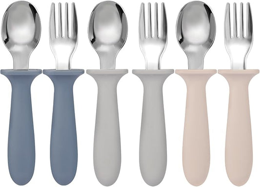 Eascrozn Toddler Forks and Spoons Set, 6 Pack Kids Silverware with Silicone Hand, 18/8 Stainless Steel Children Safe Toddler Utensils, BPA Free, Dishwasher Safe