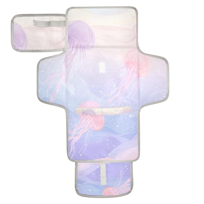 Portable Diaper Changing Pad Travel Baby Changing Mat Waterproof Diaper Changing Mat Foldable Lightweight Baby Changer with Built-in Pillow Cartoon Jellyfishes Bubbles Pastel Ocean Jellyfish