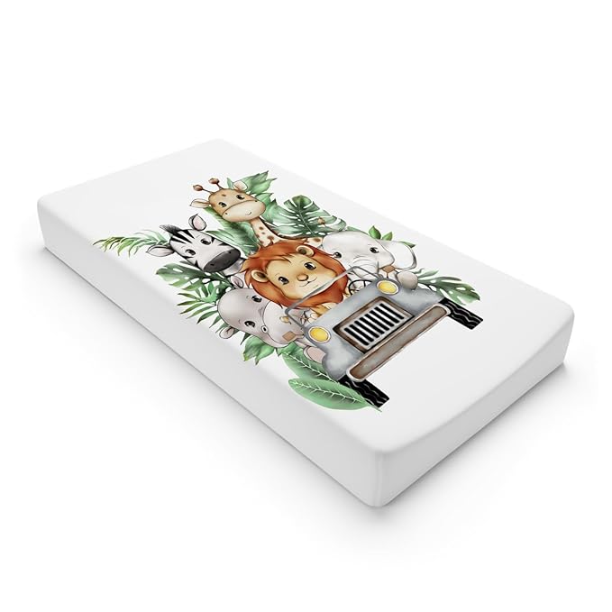 Jungle Safari Animals Truck Tropical Leaves Changing Pad Cover Lion Elephant Zebra Giraffe Hippo Diaper Change Table Sheets for Girl and Boy Soft Stretchy Fitted Changing Mat Sheets 32''x16''