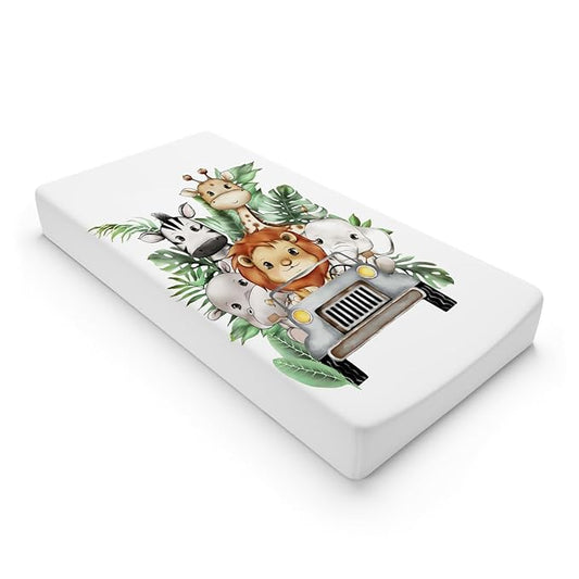 Jungle Safari Animals Truck Tropical Leaves Changing Pad Cover Lion Elephant Zebra Giraffe Hippo Diaper Change Table Sheets for Girl and Boy Soft Stretchy Fitted Changing Mat Sheets 32''x16''