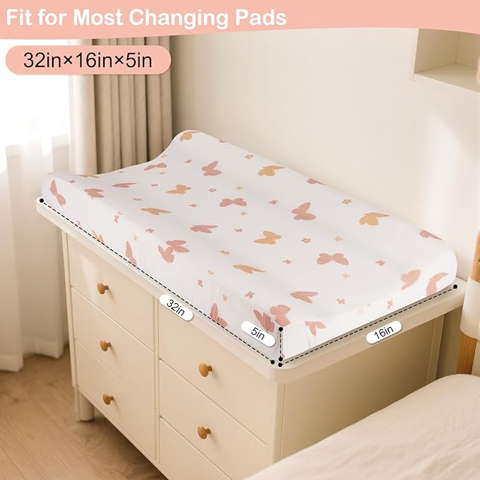 Basumee Muslin Changing Pad Cover Waterproof 2 Pack Baby Changing Table Covers for Boys and Girls Soft Breathable Nursery Diaper Change Table Cover Pad Fits 32"x16", Pink Butterfly