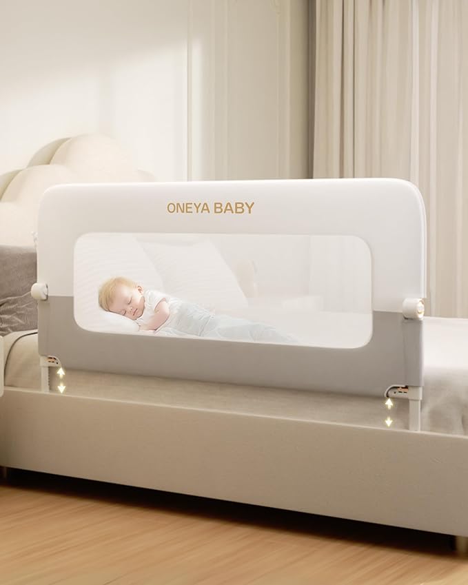 Baby Bed Rail Guard, 32in Thickened Toddler Bed Rail for Toddlers, Extral Tall Swing Down Kids Child Safety Side Railing Guards/Rails for Twin, Full, Queen, King Bunk Size Bed, White/Grey, 27”H