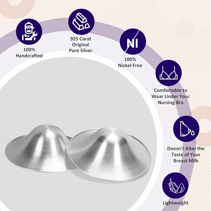 Original Silver Nursing Cups, 2 Pack Soothies Shields for Breastfeeding Newborn, Essentials, 100% Natural Safe Material for Nipple Protect and Soothe, 1 Pair Silver Shield - L