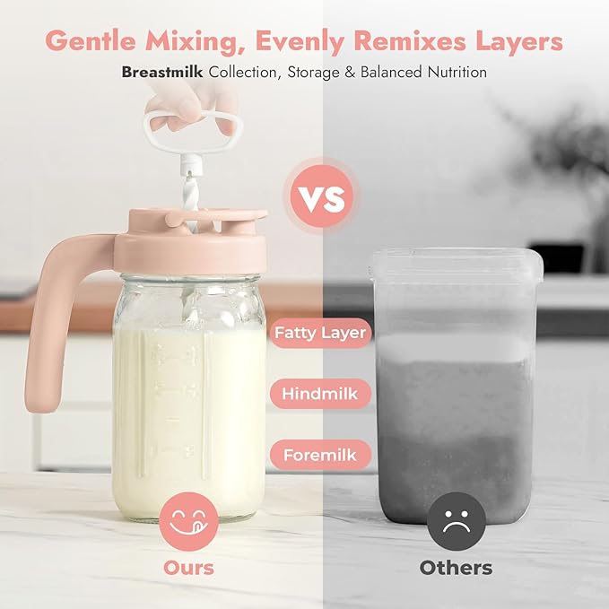 Papablic Glass Formula Pitcher, Fast Baby Breastmilk Maker with Mixing Handle Lid, Wide Mouth Mason Jar Breast Milk Storage Container with Flip-Lock Spout, BPA-Free, Pink
