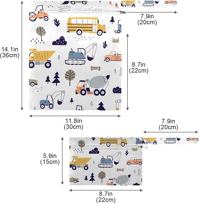 Cute Truck Excavator Wet Dry Bag for Baby Cloth Diaper Waterproof Reusable Travel Wet Bag with Two Zippered Pockets for Swimsuits, 2 Pcs